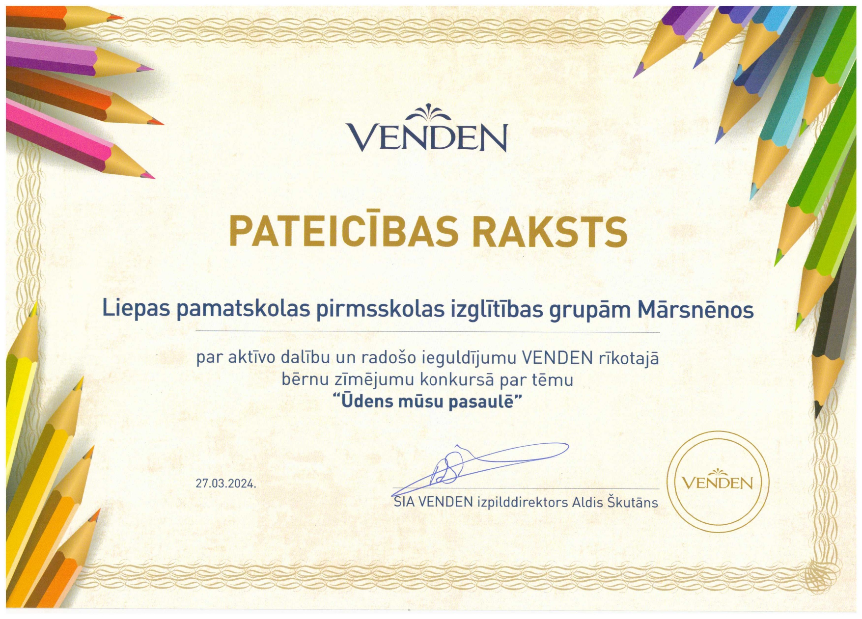 Pateicības raksts PII no Venden.